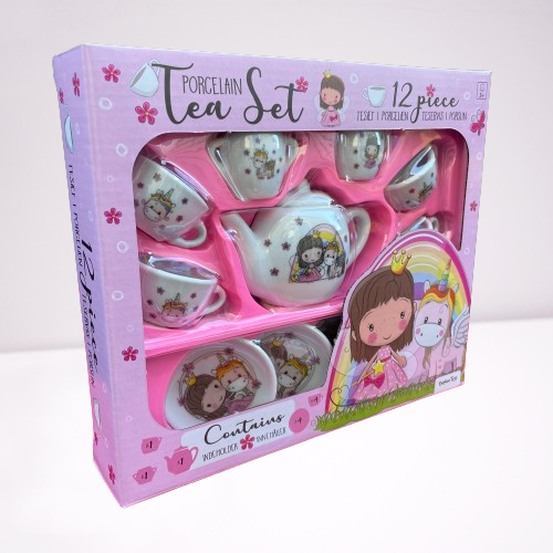 Childrens porcelain tea set featuring a princess and unicorn design.