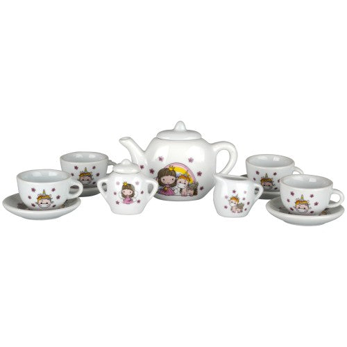 Childrens porcelain tea set featuring a princess and unicorn design.