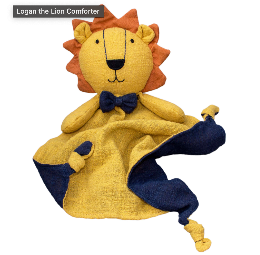 Plush lion toy with a yellow body, orange mane, and blue accents on a white background.