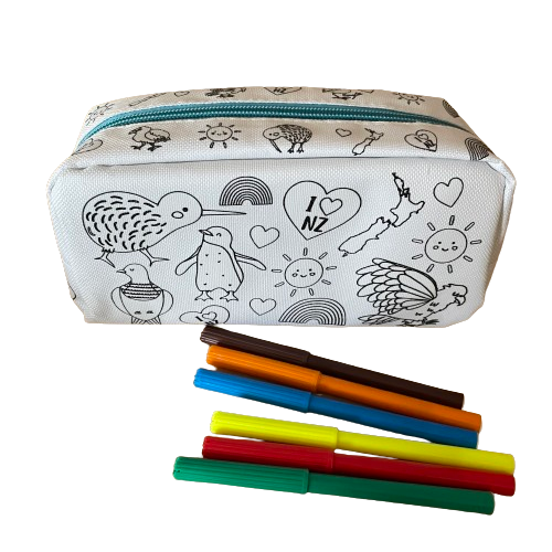 White pencil case with a blue zip and black outlines of New Zealand birds and other icons printed on it and 6 coloured felt pens.