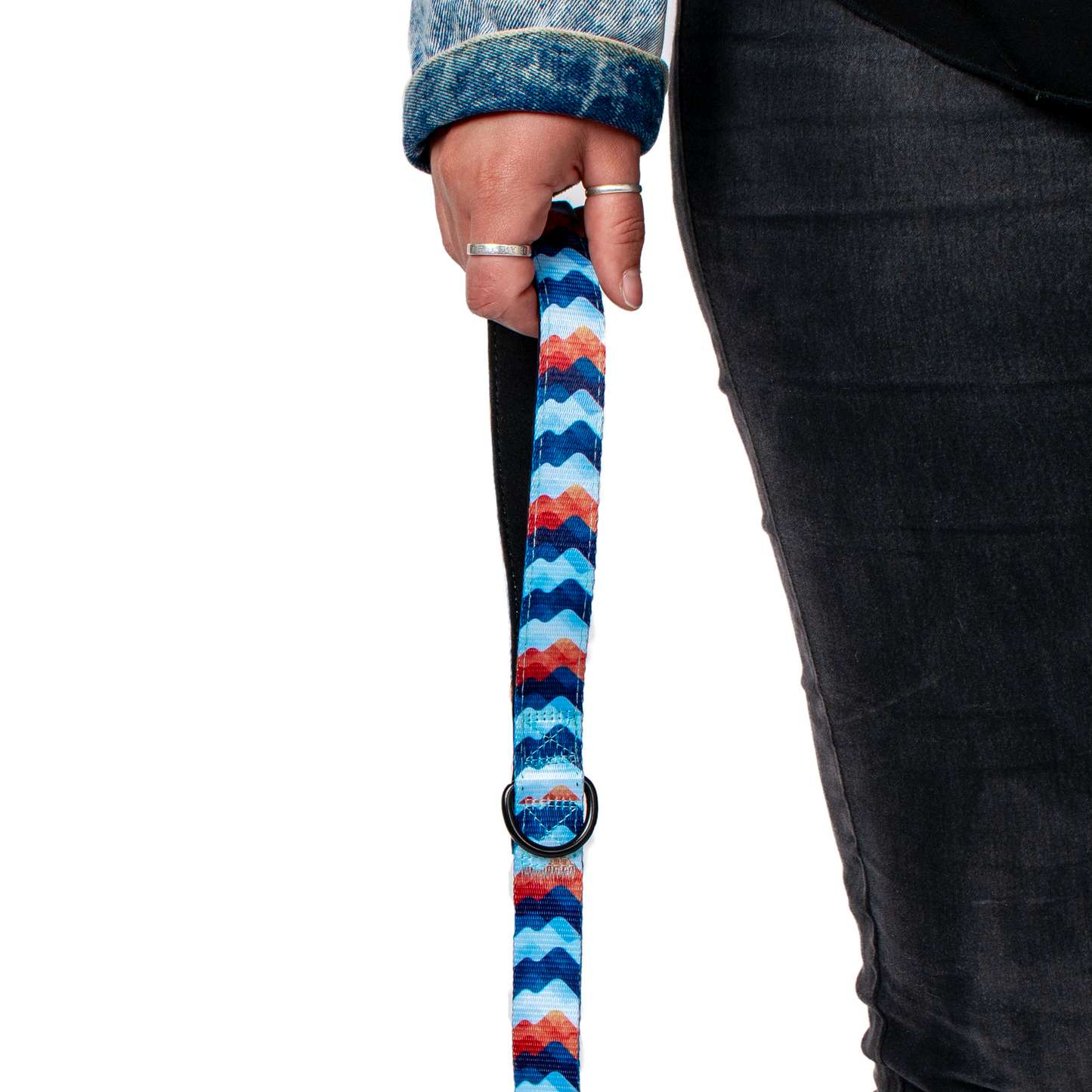 Orange and blue wave patterned dog leash.