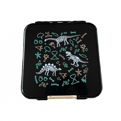 Childs lunchbox in black with white and green dinosaur images.