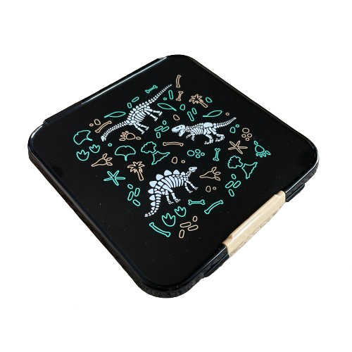 Top of a childrens lunchbox in black with white and green dinosaur images.