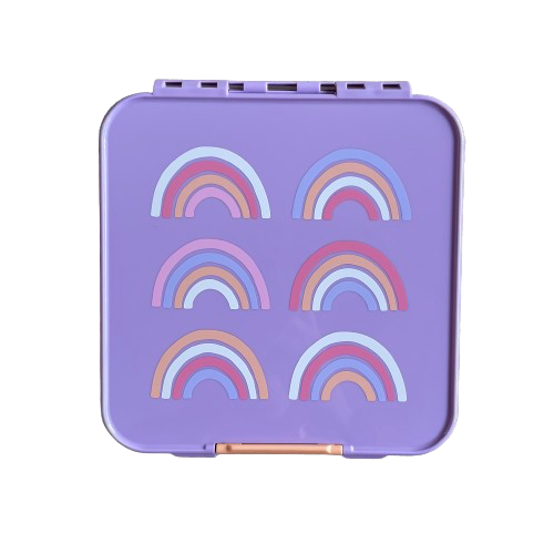 Lilac purple kids lunchbox with pink, peach, white & purple rainbows printed on the lid.