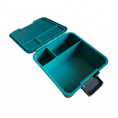 Teal green bento style lunchbox opened up to show the 3 compartments.