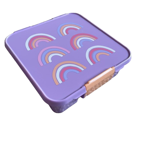 Lilac purple kids lunchbox with pink, peach, white & purple rainbows printed on the lid.