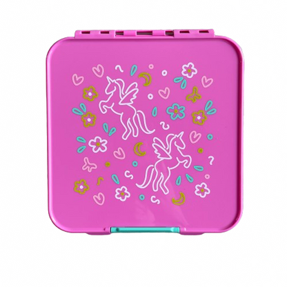 Bright pink kids lunchbox with a teal latch and white, mustard and teal unicorn and flower print on the lid.