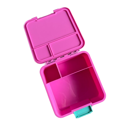 Kids bento style lunchbox in hot pink with a teal latch opened up showing the 3 compartments.