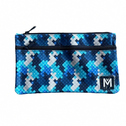 MontiiCo pencil case in a blue block print with a front zip as well as tip zip opening.