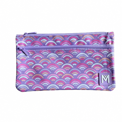 Purple pencil case with a pink, white and peach rainbow print and 2 zipped compartments.