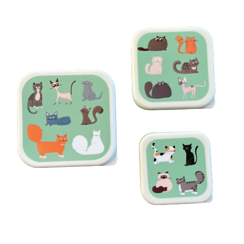 Trio of mint green snack boxes with cute cartoon cats printed on each lid.