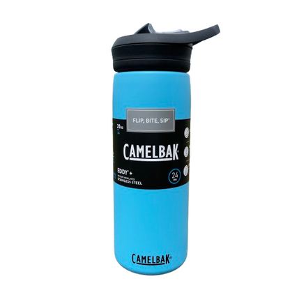 Stainless steel camelbak sipper bottle in Nordic Blue colour with black lid.