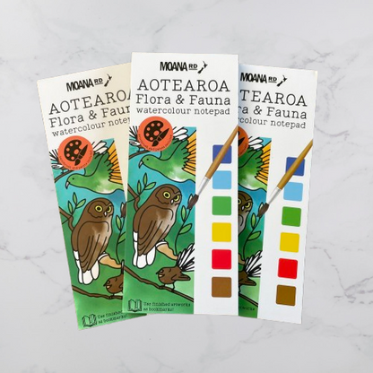 Set of 3 watercolour notepads by Moana Road featuring the flora & fauna of Aotearoa, a paintbrush and 6 watercolours.