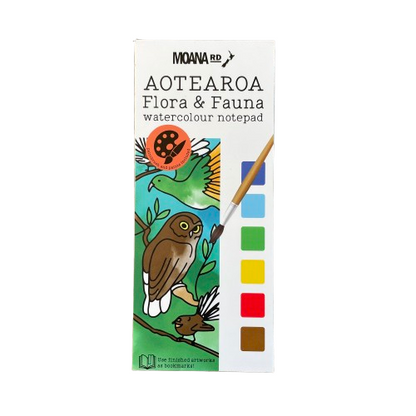 Watercolour notepad by Moana Road featuring the flora & fauna of Aotearoa, a paintbrush and 6 watercolours.