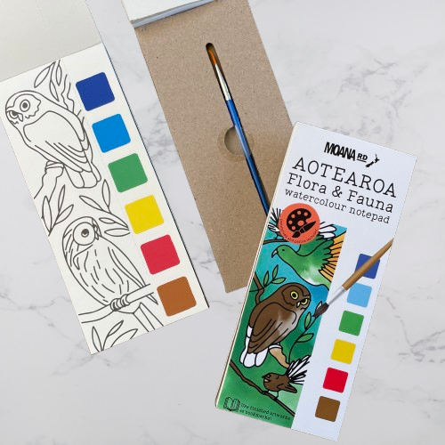 Watercolour notepad by Moana Road featuring the flora & fauna of Aotearoa, a paintbrush and 6 watercolours.