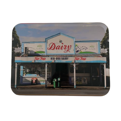 1000 piece puzzle featuring a picture of a New Zealand dairy store in a metal storage tin.