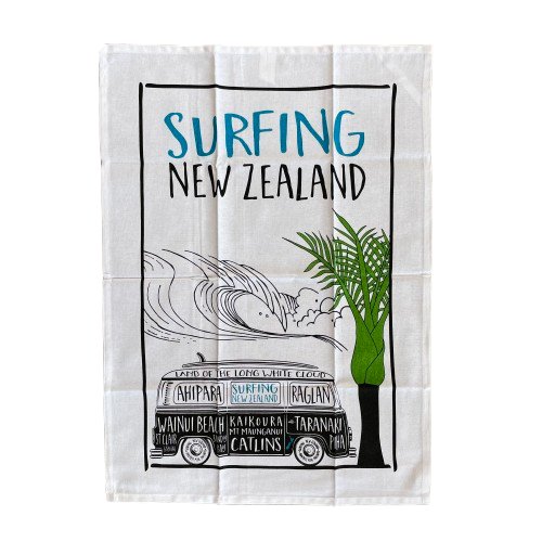 Surfing NZ tea towel with an image of a Kombi Van and NZ surf spots written on the van plus a green palm tree.