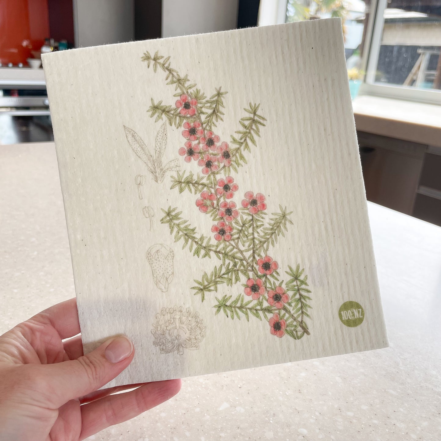 Hand holding a Swedish dishcloth with a kitchen in the background, The dishcloth has a picture of a New Zealand Manuka branch with flowers.