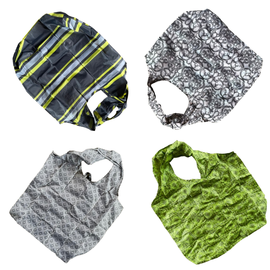 Four nylon tote bags in various shades of grey, black and green.