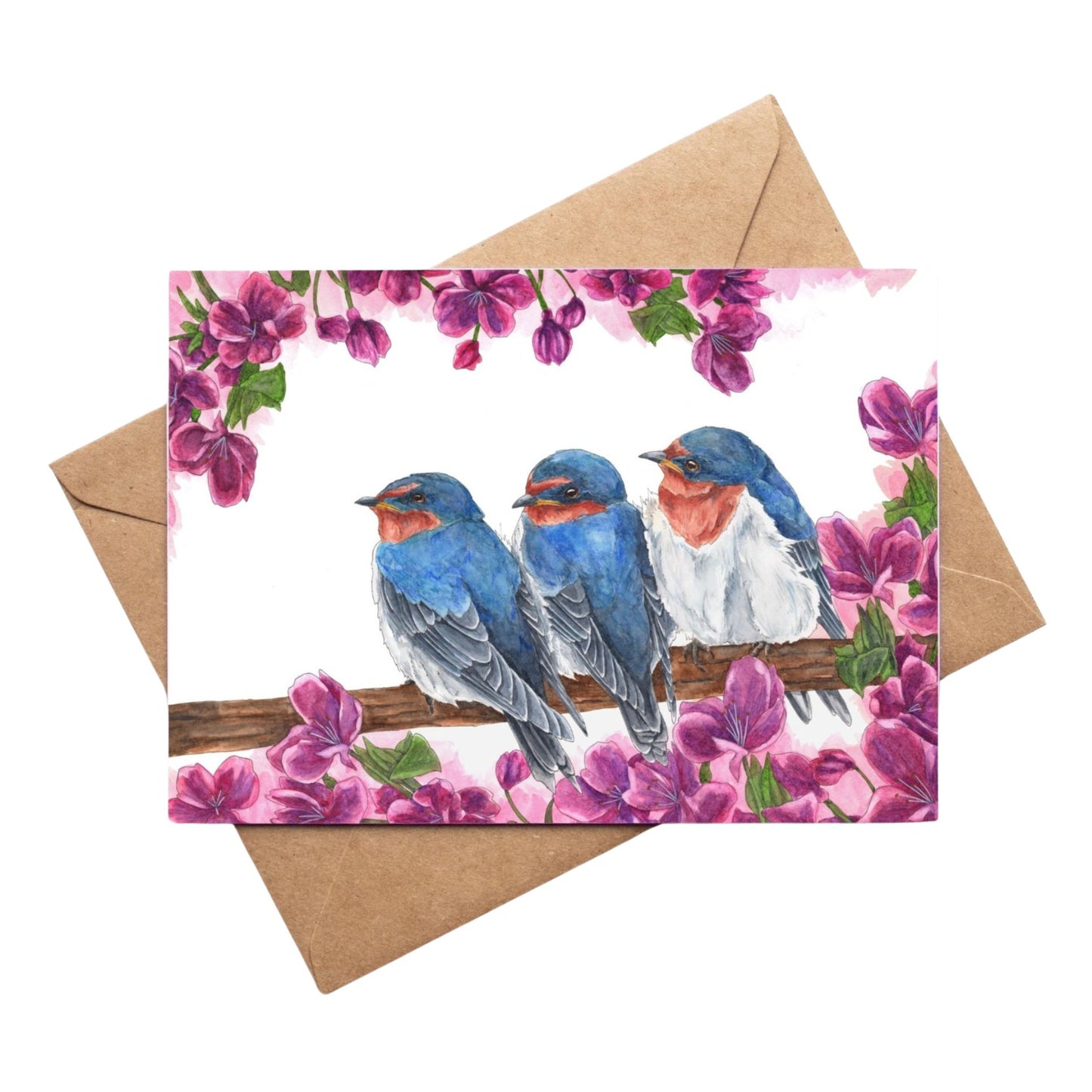 Greeting card by artist Leah Ingram featuring 3 Swallows on a branch surrounded by purple flowers.