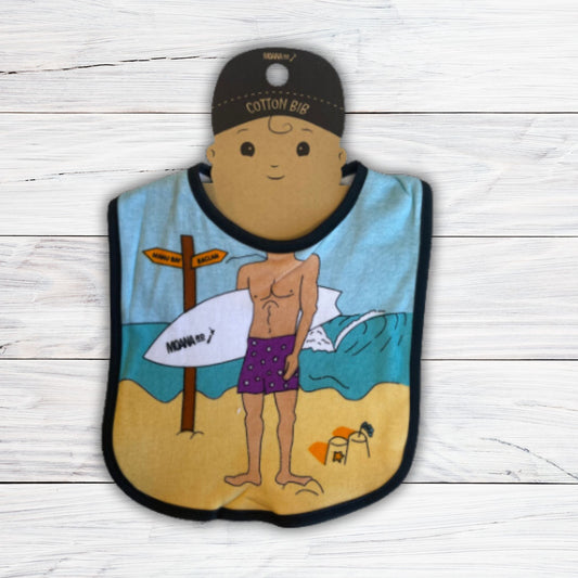 Baby Bib with a beach scene and the body of a surfer holding a surfboard.