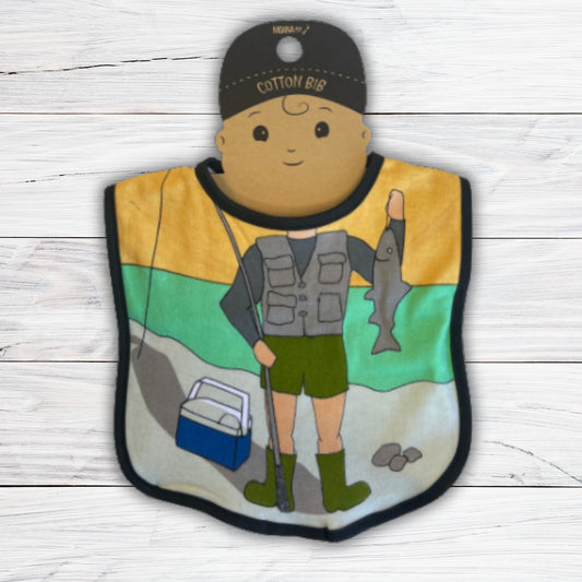 Baby bib with a fishing scene and body of a fisher person.