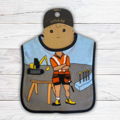 Baby bib with a construction scene and a builders body.