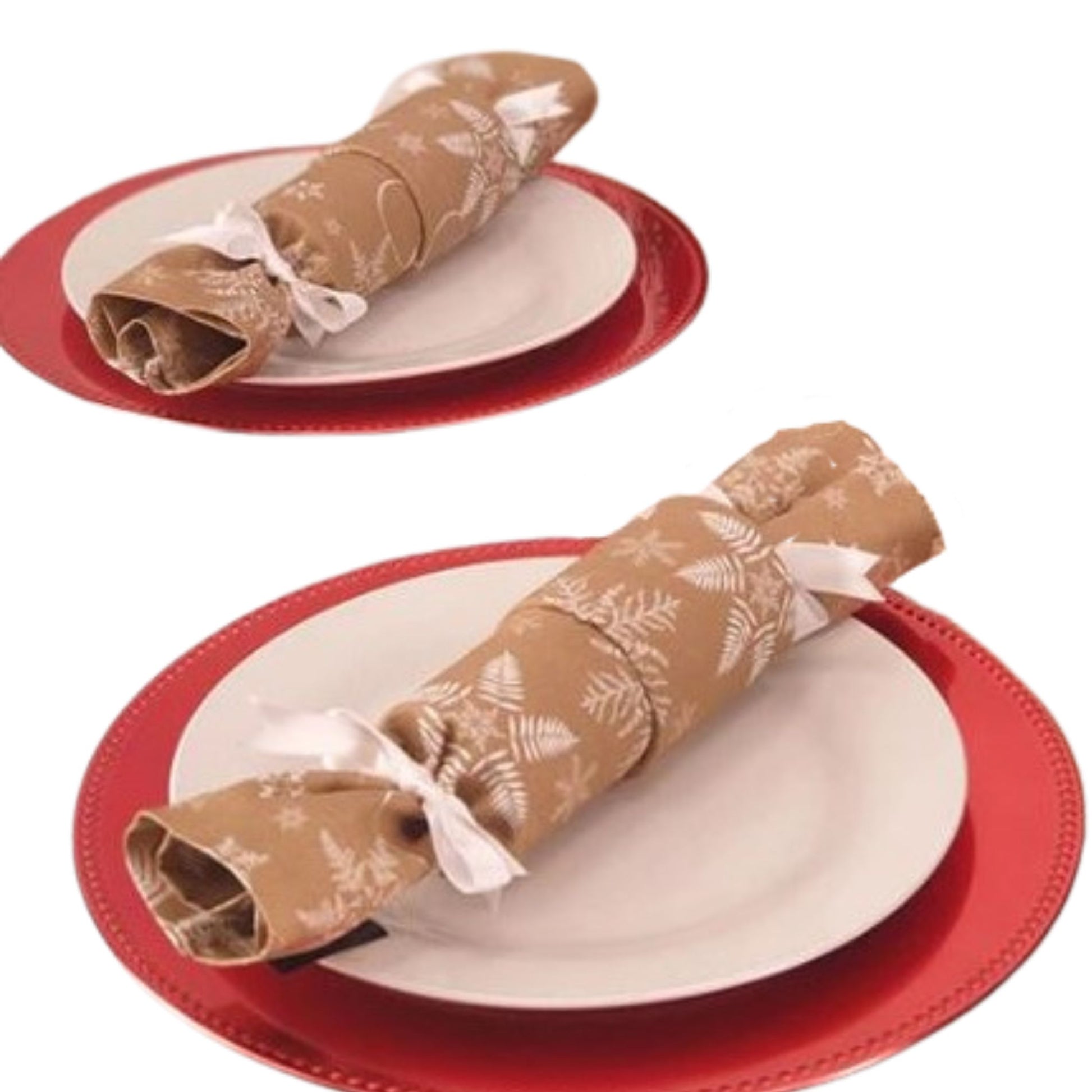 Reusable Christmas Crackers in beige with white snowflake print.