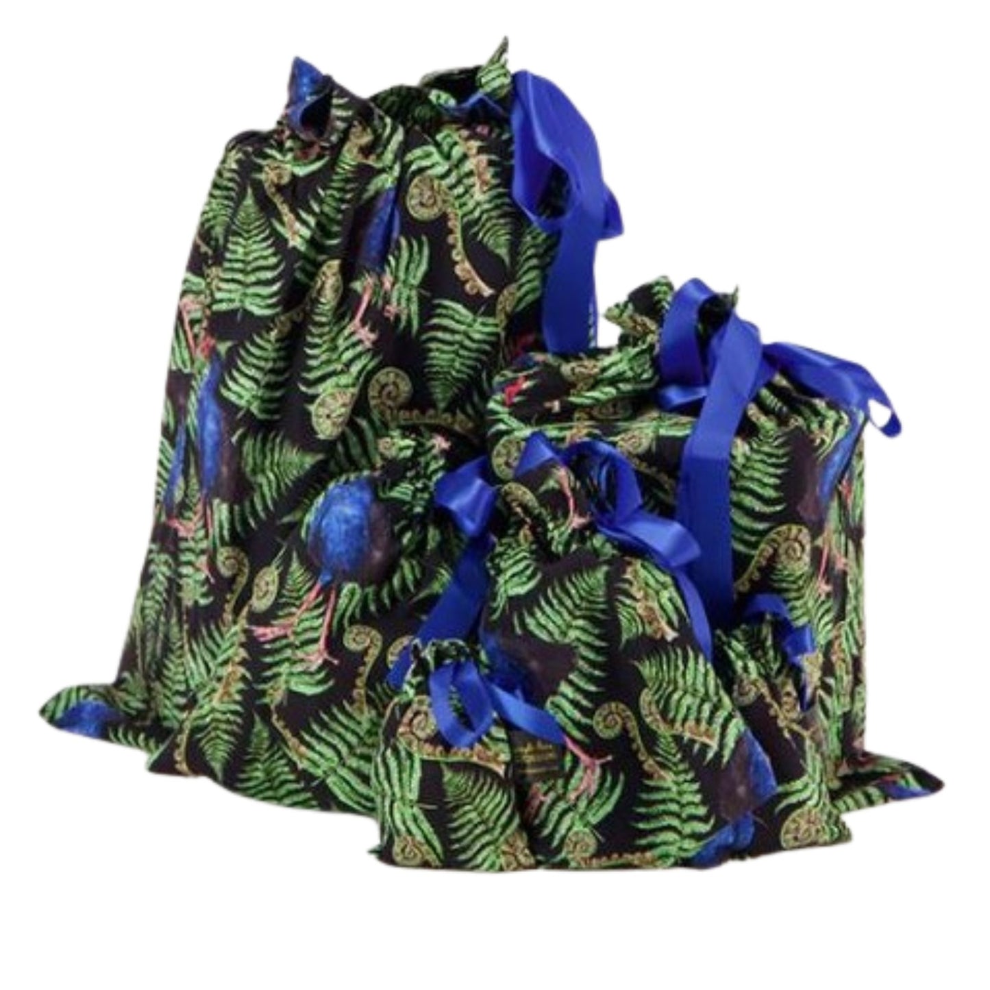 Reusable christmas gift bags with a fern and pukeko print and blue ribbon.