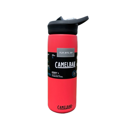 Stainless steel camelbak sipper bottle in Wild Strawberry colour with black lid.