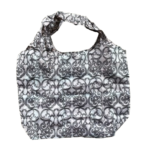 Nylon tote bag in white with a black decorative pattern.