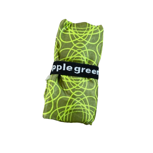 Nylon tote bag in green with a lighter green swirl pattern folded up to fit in a pocket.