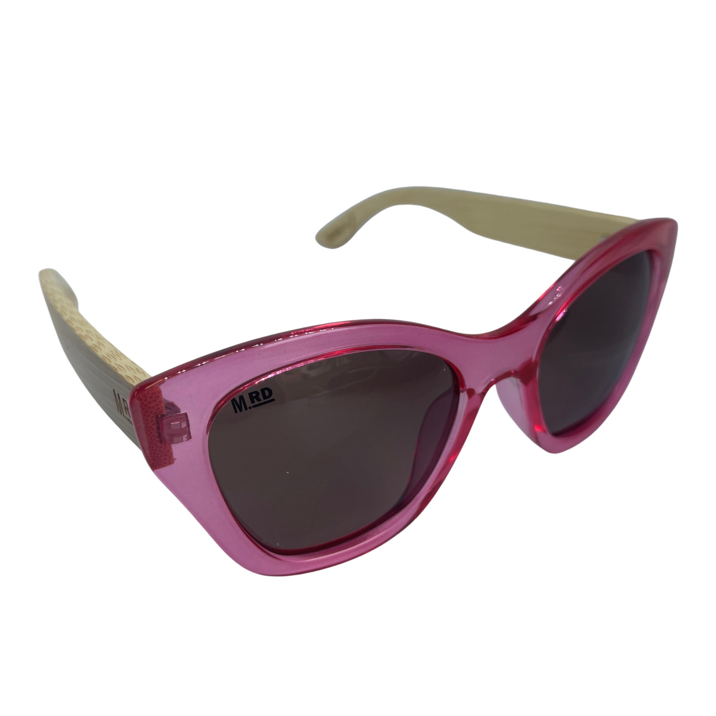 Womens sunglasses with pink frame and bamboo arms.