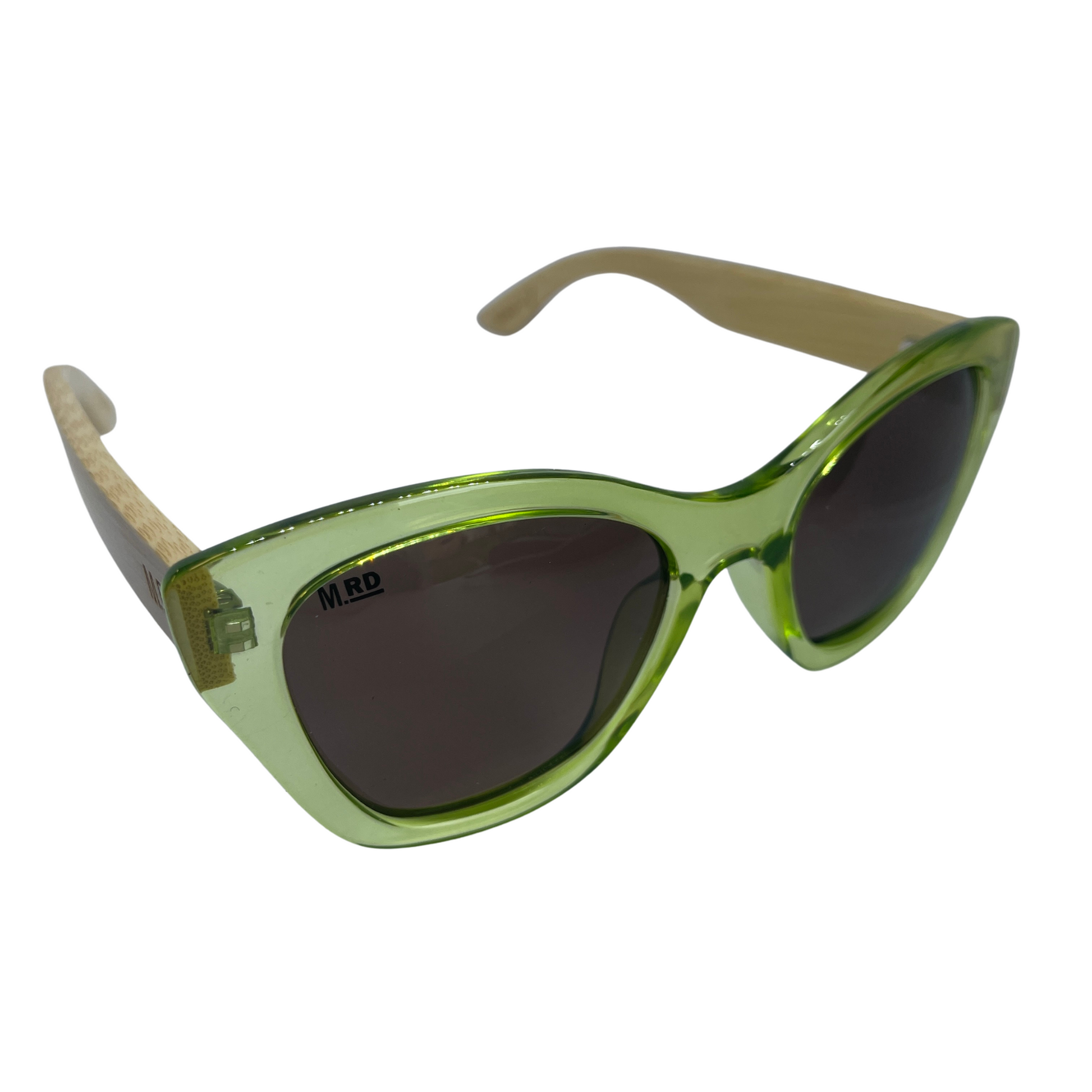 Womens sunglasses with light green frame and bamboo arms.