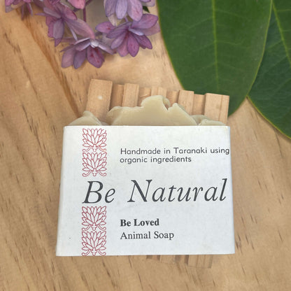 Natural soap on a wooden soap rack.