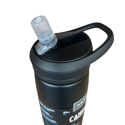 Stainless steel camelbak drink bottle in black.