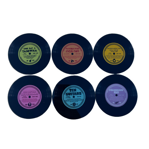Set of 6 LP record shaped coasters with classic New Zealand song titles.