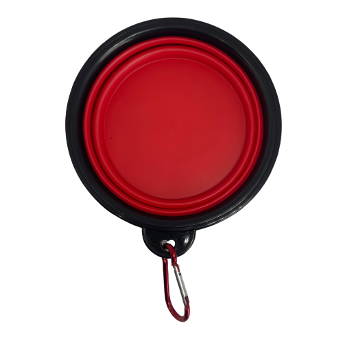 Red silicone collapsible dog bowl.