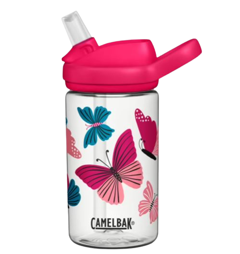 Pink and blue butterfly print drink bottle by camelbak. 