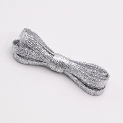 Silver metallic shoelaces.