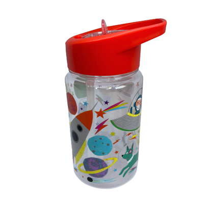 Kids drink bottle with spaceships and astronauts printed on it. Features a red lid with clear sipping tube.