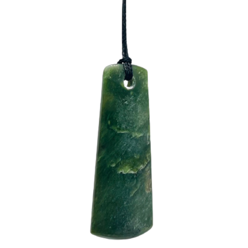 Greenstone freeform pendant on a black wax cord.