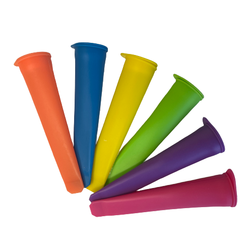 6 Bright coloured silicone iceblock tubes with lids.