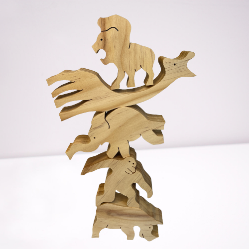 Natural wooden balancing jungle animals.