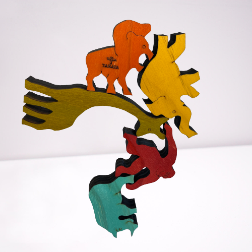 Wooden coloured balancing jungle animals.