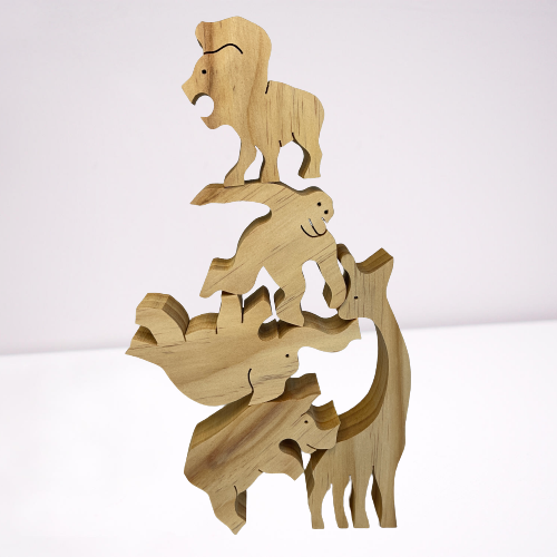 Natural wooden balancing jungle animals.