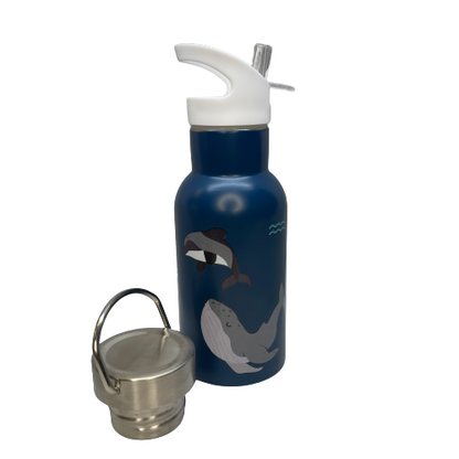 Small kids drink bottle with stainless lid option removed and sitting next to it in dark blue with New Zealand marine life on it.