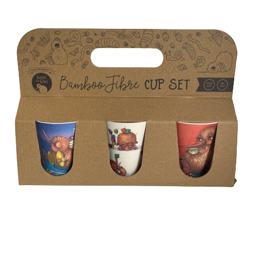 3 piece bamboo kids cup set featuring images of the Kuwi and friends characters.