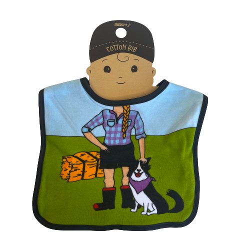 Baby bib with a farmer girls body, a farm dog and a bale of hay.