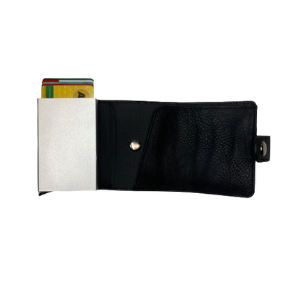 Small pocket wallet in black fully opened showing where the cards go.